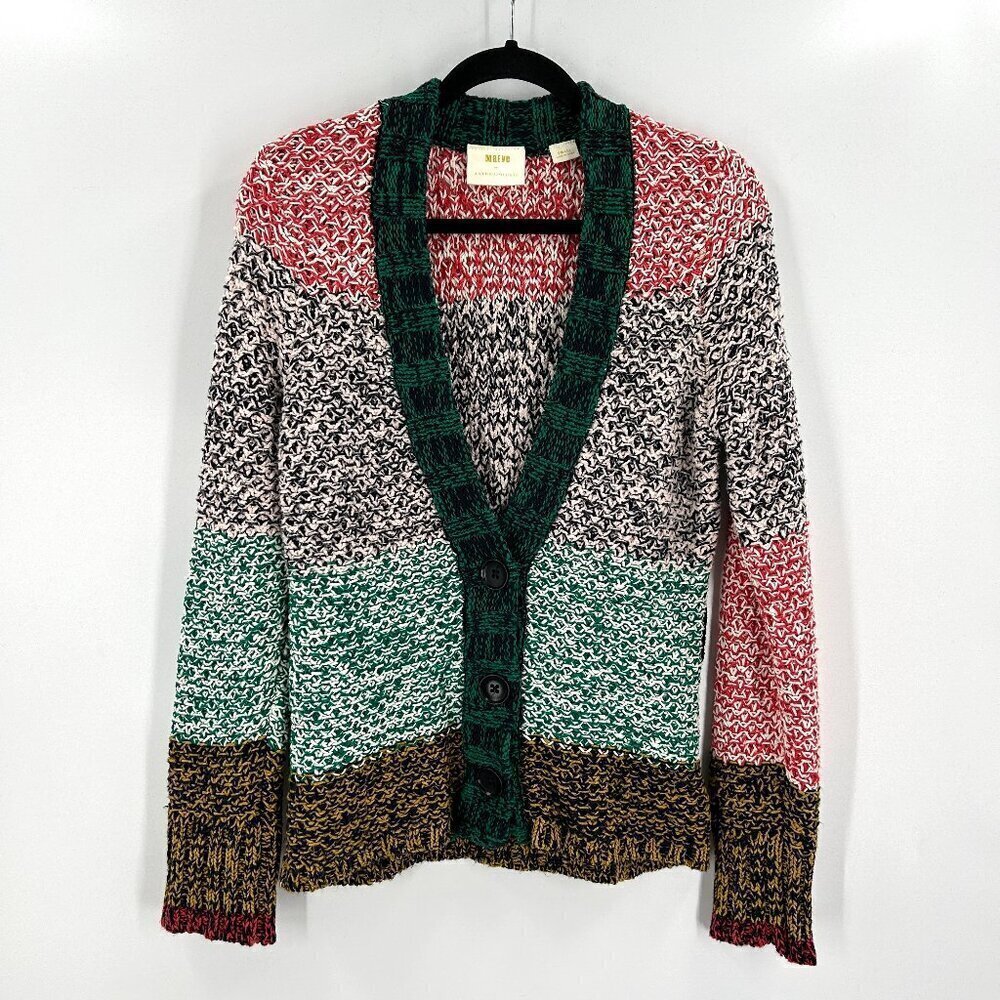 ANTHROPOLOGIE Maeve Red Green Colorful Knit Button Up Cardigan Sweater Small